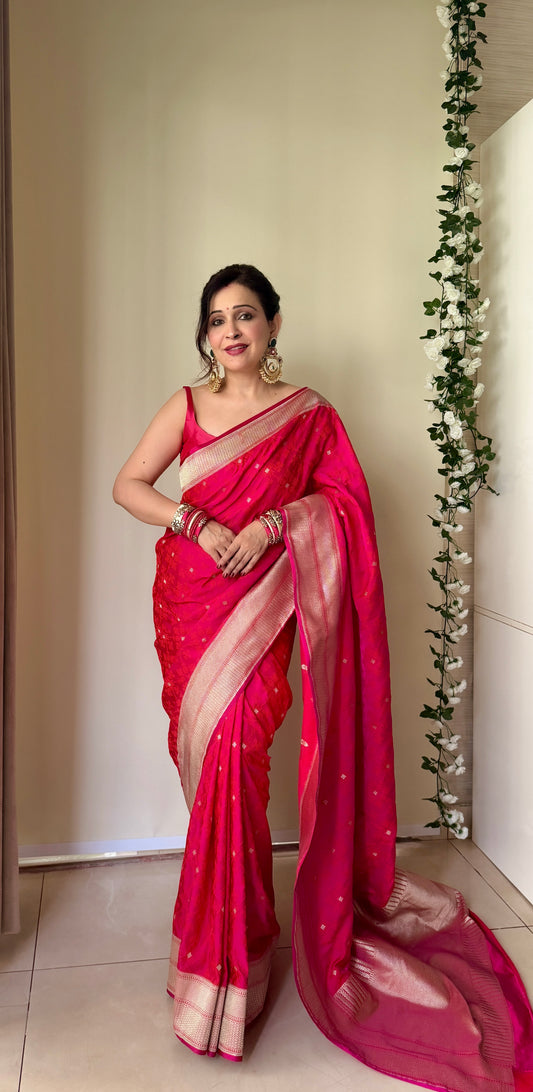 Timeless Elegance Rani Bandhani Gharchola Zari Border Banarasi Silk Saree With Unstitched Blouse (Ft:-Anjan Prasad)