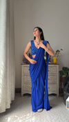 Royal Blue Cutdana, Bead & Sequence Lycra Pre-Draped Designer Saree With Readymade Blouse (Ft:-Swati Rathi)