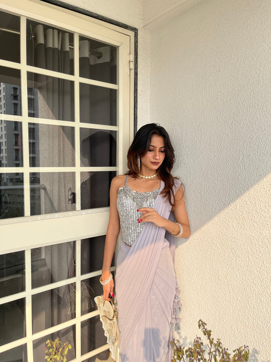 Grey Lycra Pre-Draped Designer Saree With Readymade Blouse (Ft:-Samiksha Thombare)