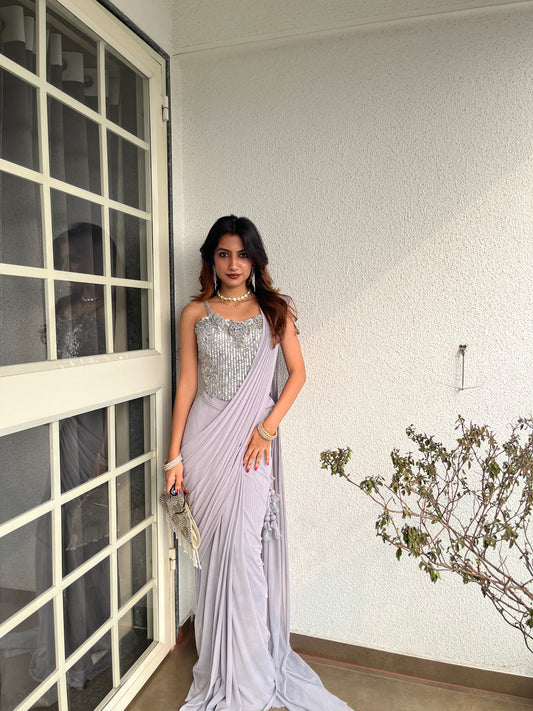 Grey Lycra Pre-Draped Designer Saree With Readymade Blouse (Ft:-Samiksha Thombare)
