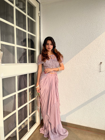 Metallic Mauve Net Indo Western Set With Saree Style Skirt (Ft:-Samiksha Thombare)