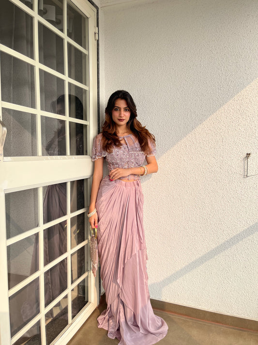 Metallic Mauve Net Indo Western Set With Saree Style Skirt (Ft:-Samiksha Thombare)