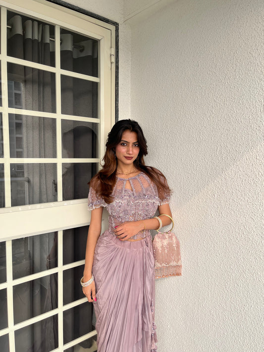 Metallic Mauve Net Indo Western Set With Saree Style Skirt (Ft:-Samiksha Thombare)