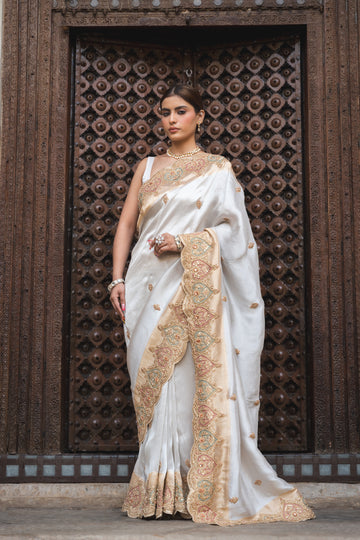 Tussar Organza Embroidered Saree With Unstitched Blouse