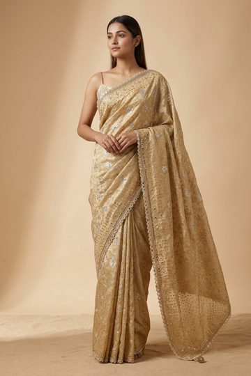 Tussar Khaddi Geogette Saree With Unstitched Blouse (Ft:-Guneet Virdi)