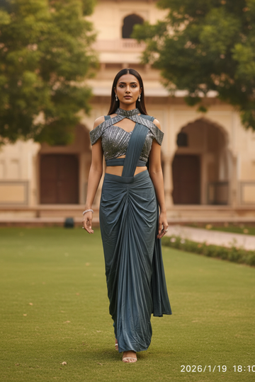 Grey Lycra Pre-Draped Designer Saree With Readymade Blouse