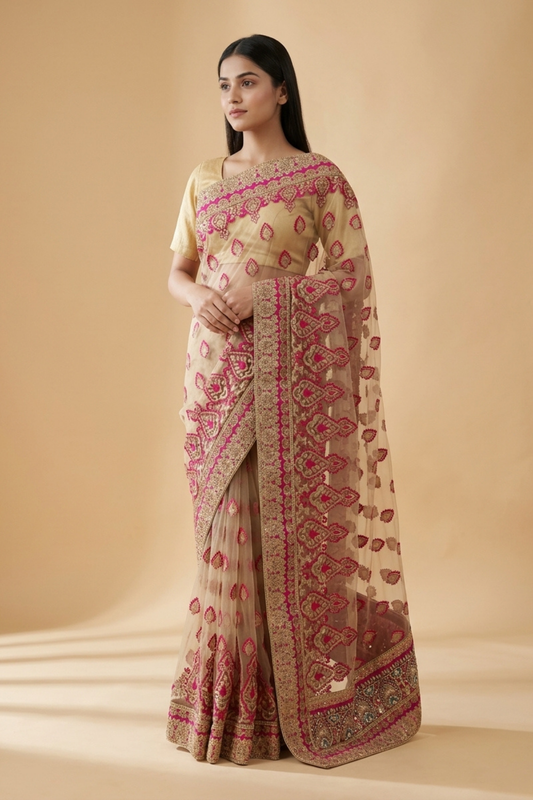 Tussar Net Embroidered Saree With Unstitched Blouse