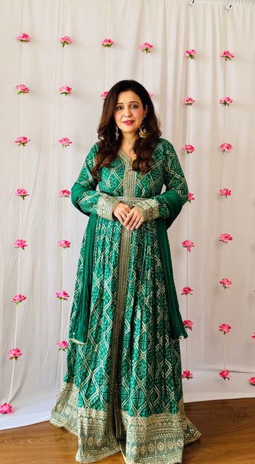 Bottle Green Dolna Floor Length Readymade Suit And Pant With Chinon Dupatta (Ft:-Anjan Prasad)