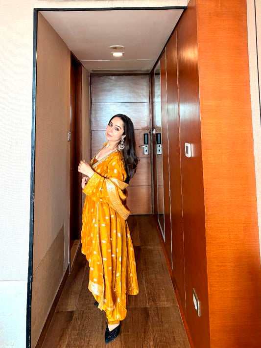 Mustard Sequence, Zari & Cutdana Organza Readymade Suit And Pant With Georgette Dupatta