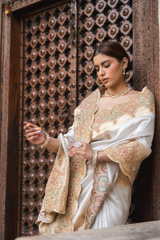 Tussar Organza Embroidered Saree With Unstitched Blouse