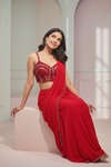 Red Lycra Pre-Draped Designer Saree With Readymade Blouse