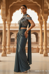 Grey Lycra Pre-Draped Designer Saree With Readymade Blouse