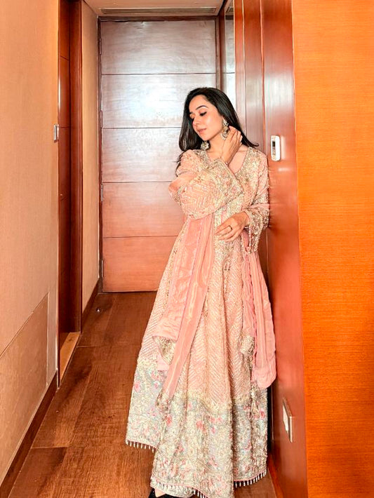 Peach Bead, Cutdana, Mirror, Zari Threadwork & Zarkan Shimmer Readymade Sharara Set With Tissue Dupatta