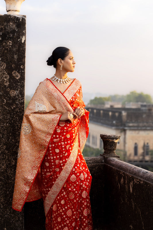 Red Organza Embroidered Saree With Unstitched Blouse (Ft:-Neha Bijlani)