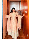 Peach Bead, Cutdana, Mirror, Zari Threadwork & Zarkan Shimmer Readymade Sharara Set With Tissue Dupatta