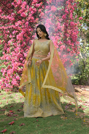 Pista Crepe Lehenga Set And Net Dupatta With Readymade Blouse