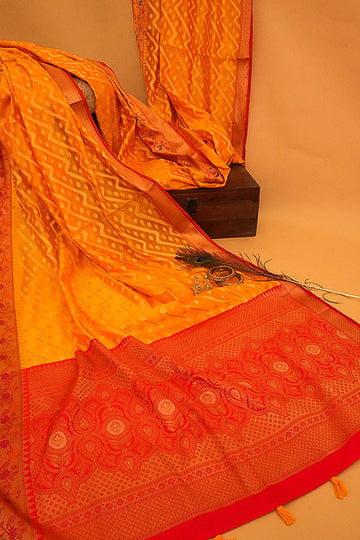 Mango Gold Organza Banarasi Woven Zari Saree With Unstitched Blouse