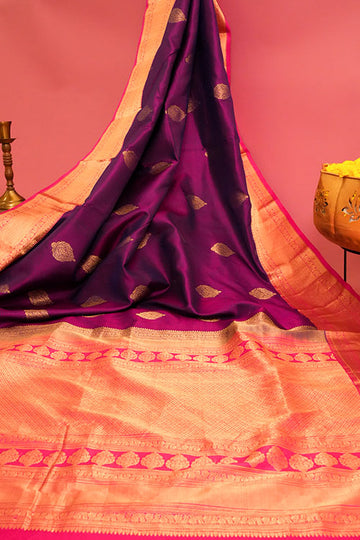 Violet South Indian Silk Woven Zari Saree With Unstitched Blouse