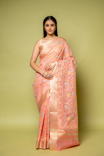 Peach Banarasi Woven Zari Cotton Saree With Unstitched Blouse