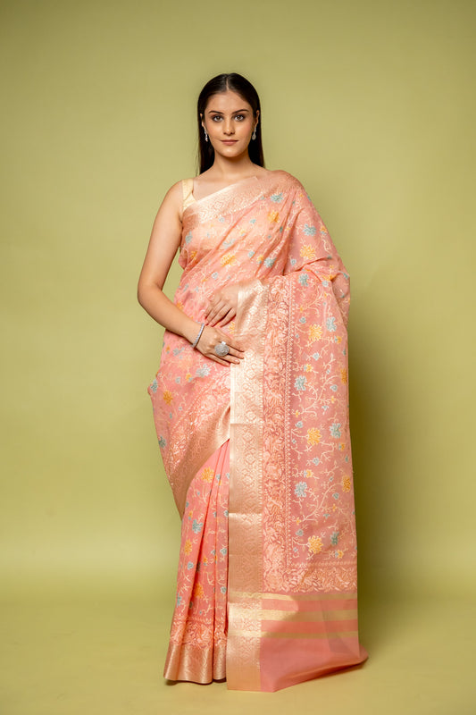 Peach Banarasi Woven Zari Cotton Saree With Unstitched Blouse