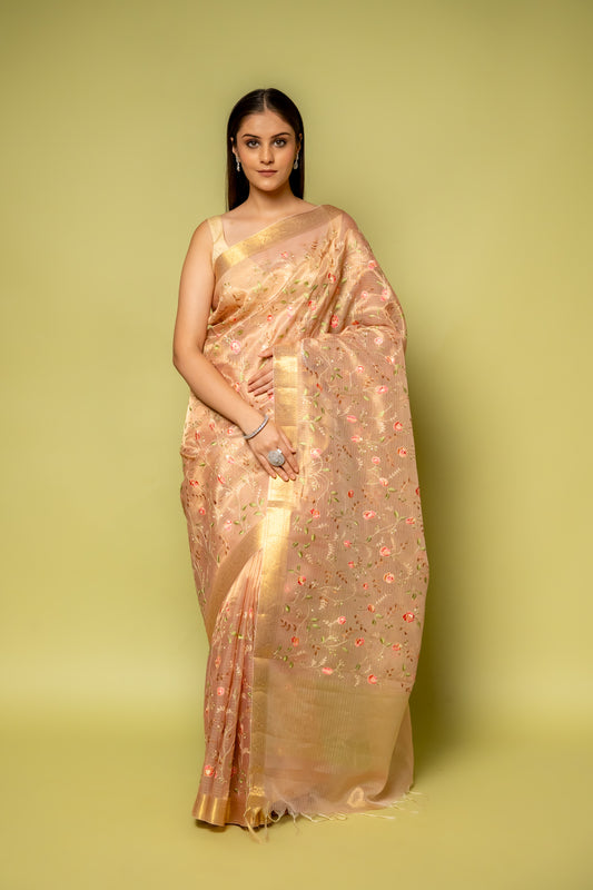 Peach Banarasi Woven Zari & Threadwork Cotton Saree With Unstitched Blouse