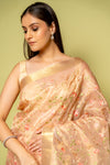 Peach Banarasi Woven Zari & Threadwork Cotton Saree With Unstitched Blouse