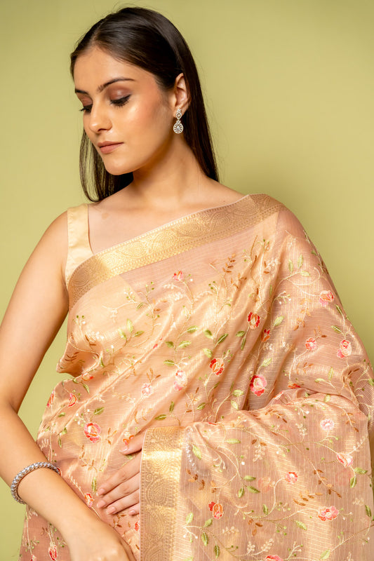 Peach Banarasi Woven Zari & Threadwork Cotton Saree With Unstitched Blouse