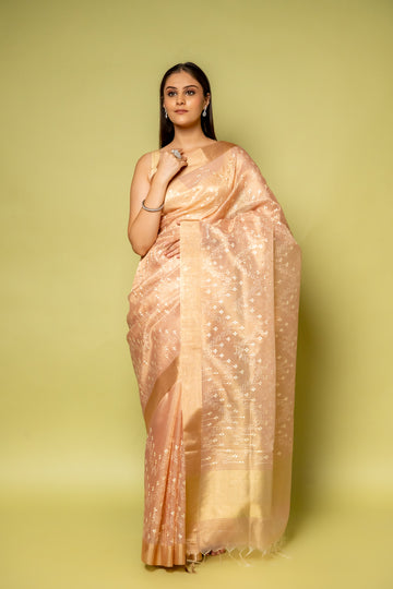 Peach Banarasi Woven Zari & Threadwork Cotton Saree With Unstitched Blouse