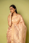 Peach Banarasi Woven Zari & Threadwork Cotton Saree With Unstitched Blouse