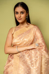 Peach Banarasi Woven Zari & Threadwork Cotton Saree With Unstitched Blouse