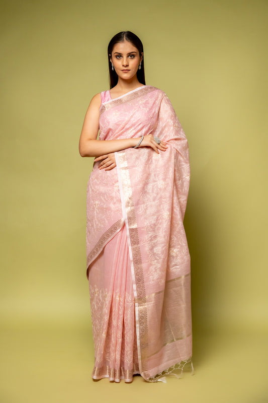 Pink Banarasi Woven Zari & Threadwork Cotton Saree With Unstitched Blouse