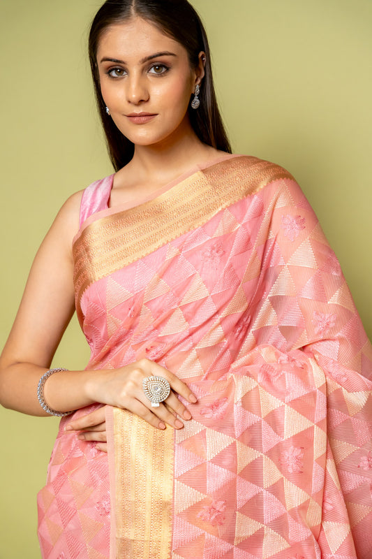 Gajari Banarasi Woven Zari & Threadwork Cotton Saree With Unstitched Blouse