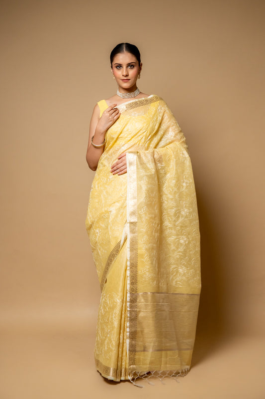Lemon Gold Banarasi Woven Zari & Threadwork Cotton Saree With Unstitched Blouse