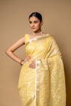 Lemon Gold Banarasi Woven Zari & Threadwork Cotton Saree With Unstitched Blouse