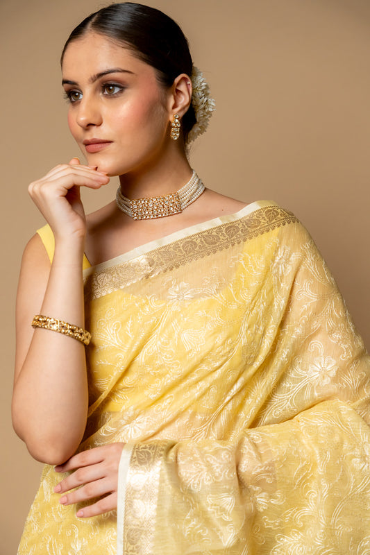 Lemon Gold Banarasi Woven Zari & Threadwork Cotton Saree With Unstitched Blouse