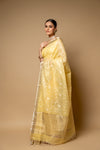 Lemon Gold Banarasi Woven Zari & Threadwork Cotton Saree With Unstitched Blouse