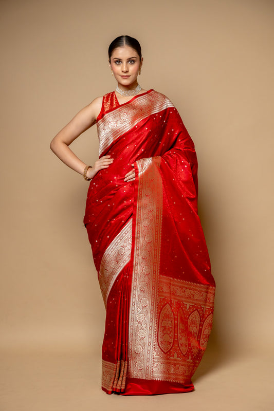 Maroon Banarasi Woven Zari Silk Saree With Unstitched Blouse