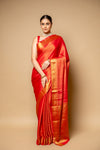 Red Banarasi Woven Zari Chinon Saree With Unstitched Blouse