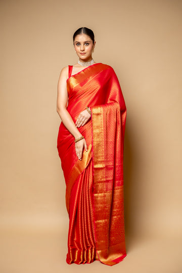 Red Banarasi Woven Zari Chinon Saree With Unstitched Blouse