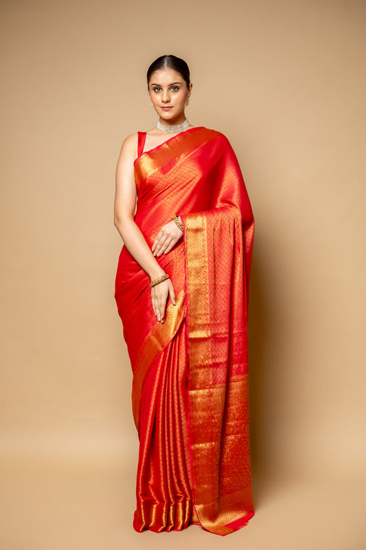 Red Banarasi Woven Zari Chinon Saree With Unstitched Blouse