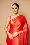Red Banarasi Woven Zari Chinon Saree With Unstitched Blouse