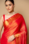 Red Banarasi Woven Zari Chinon Saree With Unstitched Blouse