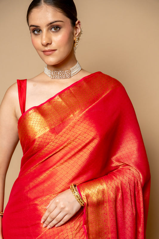 Red Banarasi Woven Zari Chinon Saree With Unstitched Blouse