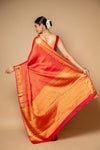 Red Banarasi Woven Zari Chinon Saree With Unstitched Blouse