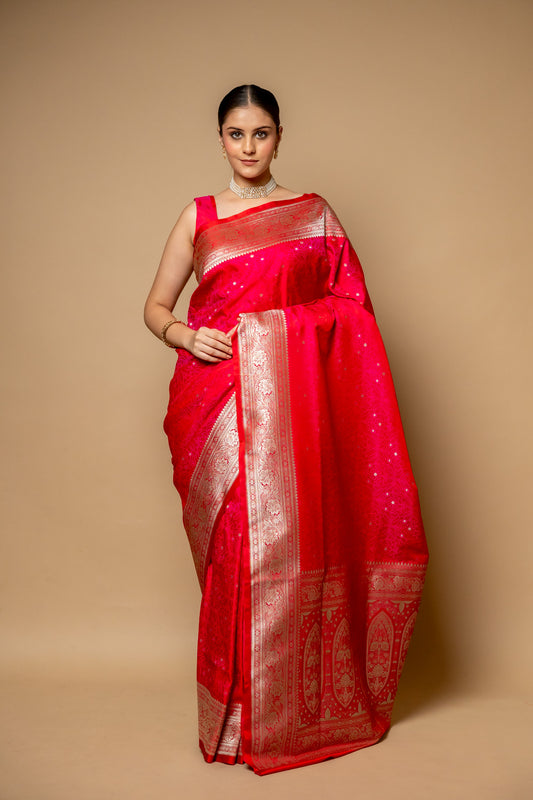 Rani Banarasi Woven Zari Silk Saree With Unstitched Blouse