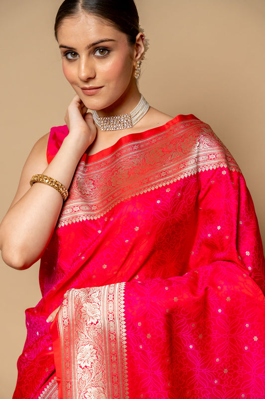 Rani Banarasi Woven Zari Silk Saree With Unstitched Blouse