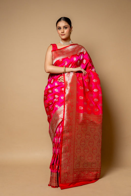 Rani Banarasi Woven Zari Silk Saree With Unstitched Blouse