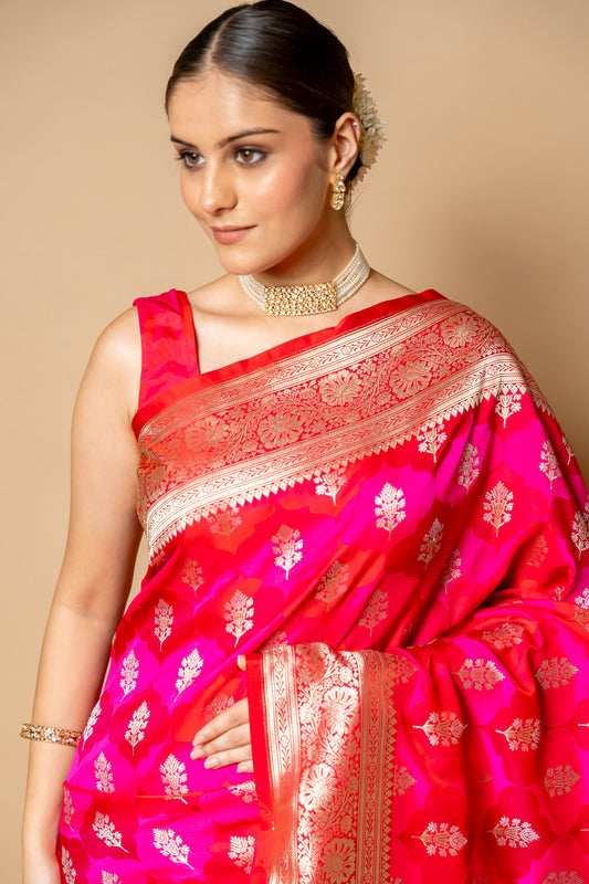 Rani Banarasi Woven Zari Silk Saree With Unstitched Blouse