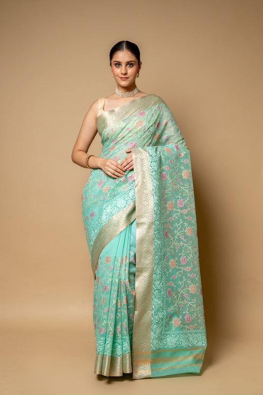 Tea Green Banarasi Woven Zari Cotton Saree With Unstitched Blouse