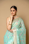 Tea Green Banarasi Woven Zari Cotton Saree With Unstitched Blouse